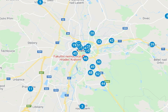 Mapa rozmístění tříkrálových kasiček v hradeckém regionu